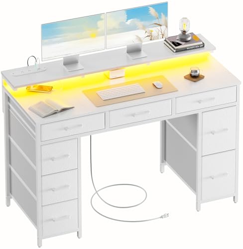 HLDIRECT 47 Inch Gaming Desk with LED Light and 8 Storage Drawers, White | 2 AC power outlets and 2 USB ports, Dual monitor stand, metal frame & premium desktop, adjustable feet for Office & Bedroom - color: White