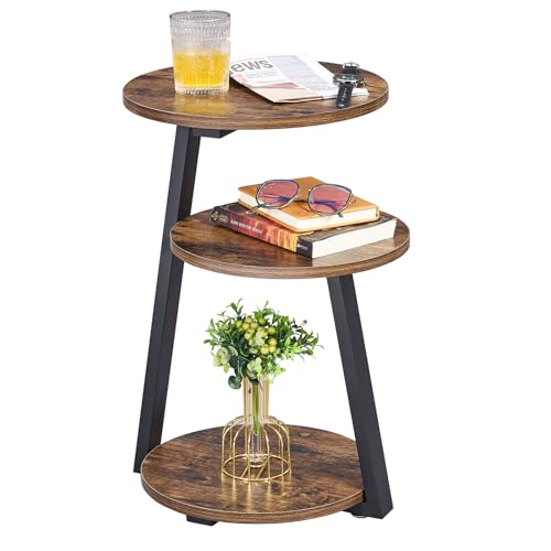 BEWISHOME Small Round Side Table, 3-Tier End Table with Storage Shelves | Small End Table, Nightstand with Metal Frame, Vintage Accent Table for Small Spaces with Storage Shelf, Living Room, Bedroom - color: Brown, size: without PowerOutlet