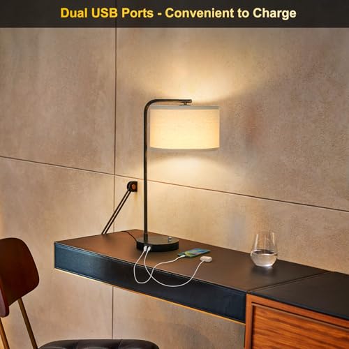 Seaside village Bedside Table Lamp with USB C+A Charging Ports, Fully Dimmable Industrial Tall Nightstand Reading Desk Lamp for Bedroom, Living Room, Office, 9W LED Bulb Included - color: Black with Brushed Gold