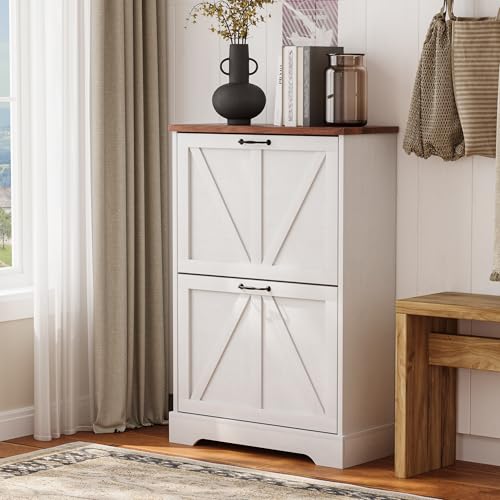 Semiocthome Farmhouse Shoe Storage Cabinet with 2 Flip Drawers, 23.6"(W) Freestanding Shoe Organizer with Barn Door and Metal Handles for Entryway, Rustic Narrow Slim Shoe Rack Cabinet - White - color: White, size: 23.6"W