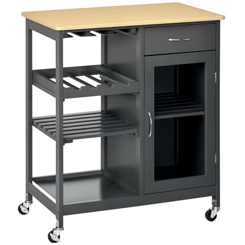HOMCOM Rolling Kitchen Island with Storage, 4-Bottle Wine Rack, Gray | Small Kitchen Island, Bar Cart with Stemware Holder, Shelves, Drawer and Cabinet