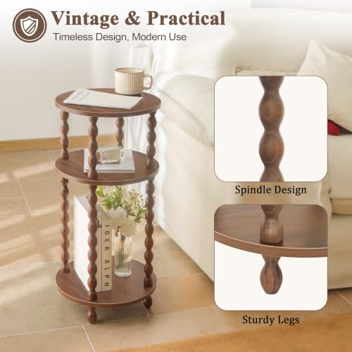 AWASEN Small Round End Table, Round Side Table with 3-Tier Open Shelf for Small Spaces, Wood Accent Table Nightstand for Bedroom, Living Room, Office, Walnut Brown - color: Walnut Brown