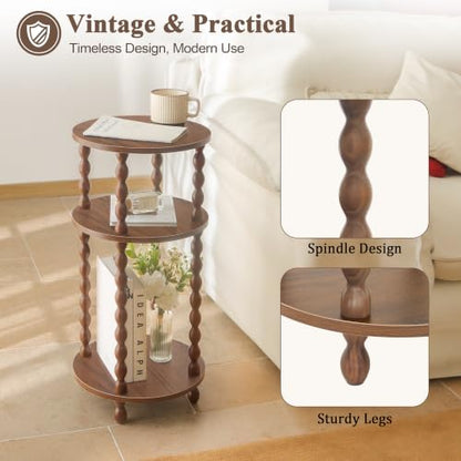 AWASEN Small Round End Table, Round Side Table with 3-Tier Open Shelf for Small Spaces, Wood Accent Table Nightstand for Bedroom, Living Room, Office, Walnut Brown - color: Walnut Brown
