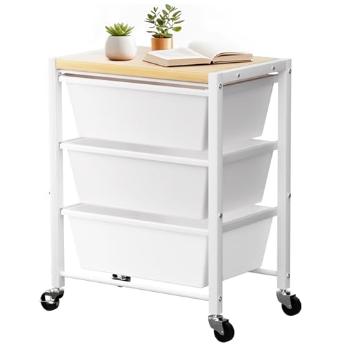 Rolling Cart with 3 Drawers, Plastic Drawer Storage Carts with Lockable Wheels & Wooden Tabletop, Metal Utility Cart Organizer, Office Bedroom Classroom Craft Organization and Storage, Bright White - color: Bright White, size: 3-drawer