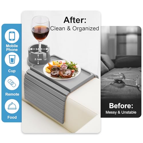 Couch Cup Holder - 3 in 1 Couch Arm Table Tray with 360° Rotating Cup Holder for Couch,Anti-Slip Arm Chair Rest Table for Large Wide Sofa Armrest, Foldable Side Table for Drinks Snacks - color: Gray