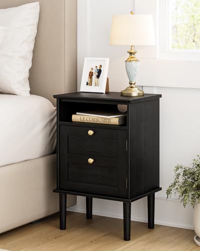 Nightstand, Boho Night Stand with 1 Drawers, Modern Side Accent Table with Open Shelf, Wooden Top Bedside End Table for Bedroom, Living Room, Black - color: Black