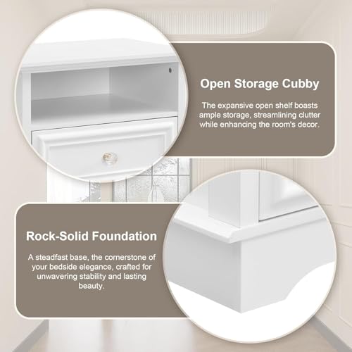 Brafab Bedside Table Set of 2 with Hidden Drawer, 25" Tall | White Night Stands with 2 Drawers and Open Shelf, Classic Wood Night Stands with Secret Storage for Bedroom, Guest Room - color: White