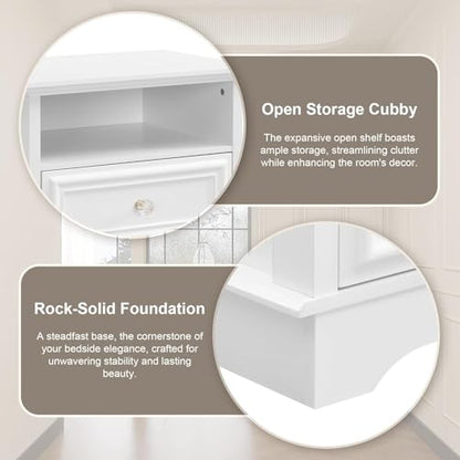 Brafab Bedside Table Set of 2 with Hidden Drawer, 25" Tall | White Night Stands with 2 Drawers and Open Shelf, Classic Wood Night Stands with Secret Storage for Bedroom, Guest Room - color: White