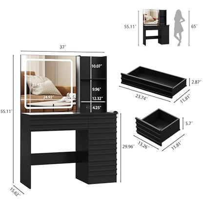 Makeup Vanity Desk with Lights, Fluted Vanity with 4 Drawers, Open Shelves, Power Outlet, LED Lighted Mirror, 3 Lighting Modes & Brightness Adjustable, Wood Dressing Table for Bedroom,Black - color: Black