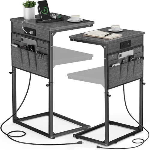 Vagusicc C-Shaped End Table Set of 2 with Charging Station, Small Side Table for Couch, Adjustable Height Couch Side Table, Slide Under Sofa Table TV Tray for Living Room,Bedroom,Bedside, Gray Walnut - color: 2pc Gray Walnut