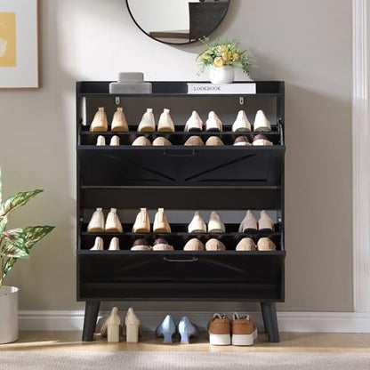 LEYAOYAO Shoe Cabinet Storage for Entryway with 2 Flip Drawers Rack Narrow Organizer Slim Hidden Wood Shoe Cabinet Furniture Black - color: Black