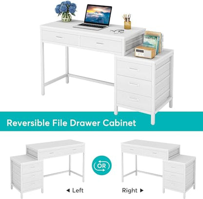 Tribesigns Computer Desk with 5 Drawers, Home Office Desks with Reversible Drawer Cabinet Printer Stand, Industrial PC Desk with Storage, White Study Writing Table Workstation for Small Spaces - color: White