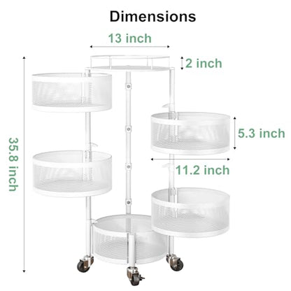 SAYZH Fruit Vegetable Basket for Kitchen, Rotating Storage Rack, 5 Tier Rolling Cart with top lid, Large Metal Wire Wheels (White) - color: White