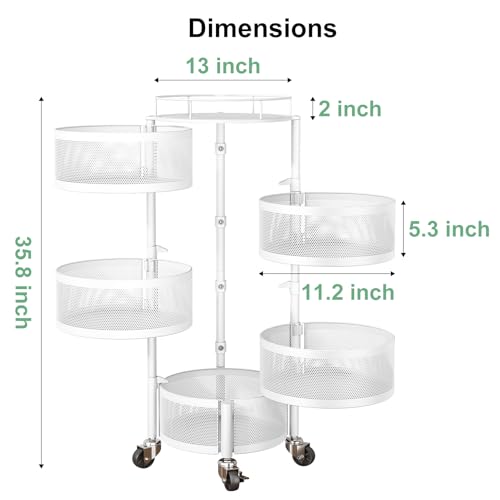 SAYZH Fruit Vegetable Basket for Kitchen, Rotating Storage Rack, 5 Tier Rolling Cart with top lid, Large Metal Wire Wheels (White) - color: White