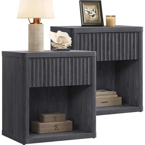 SICOTAS Night Stand Set of 2 Nightstands with Drawer Storage Fluted Bed Side Table End Table Large Modern Wide Bedside Mid Century Night Stands for Bedroom Living Room Sofa Office, Dark Grey Alder - color: Dark Grey Alder, size: 2 Pieces
