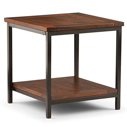 SIMPLIHOME Skyler 22 in. W Solid Mango Wood and Metal End Side Table in Dark Cognac Brown | Industrial accent table with an open storage shelf, assembled; rectangular side table or accent table for living room. - color: Dark Cognac Brown, size: 22 inch, s