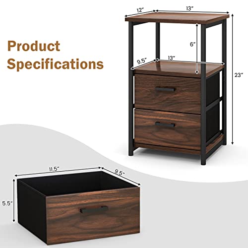 Tangkula Nightstand, Sofa Side End Table with Open Shelf & 2 Drawers, Metal Frame Bedside Table, Wooden Top 2 Drawer Dresser, Storage Unit for Bedroom, 13.5 x 12 x 23 Inch (2, Walnut)