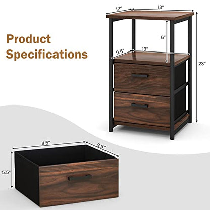 Tangkula Nightstand, Sofa Side End Table with Open Shelf & 2 Drawers, Metal Frame Bedside Table, Wooden Top 2 Drawer Dresser, Storage Unit for Bedroom, 13.5 x 12 x 23 Inch (2, Walnut)