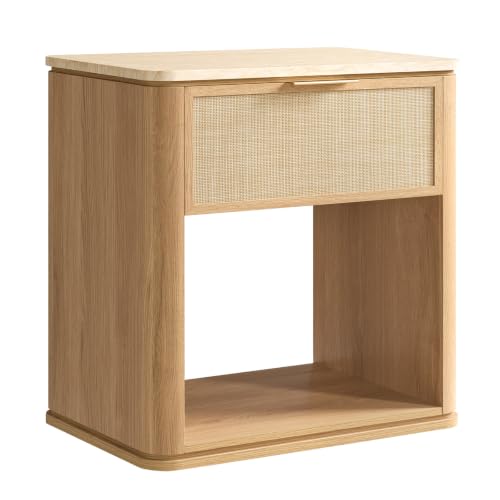 Night Stand, 23.11" W Rattan Nightstand with 1 Drawer and Open Shelf, Faux Marble Top Bedside Table, Boho Mid Century End Table for Bedroom Living Room Sofa Office, Natural Oak [FSC Certified] - color: Natural Oak, size: 15.63"D x 23.11"W x 23.94"H（1 Draw