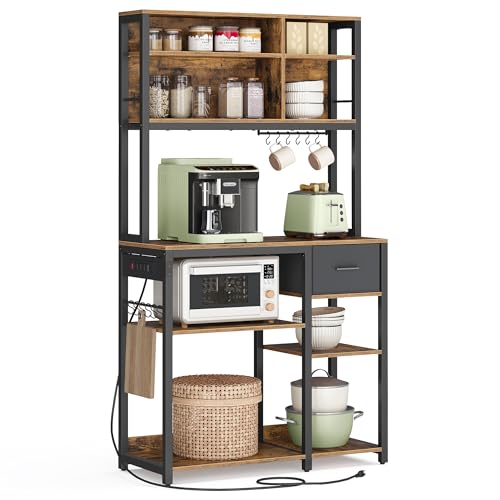 VASAGLE Bakers Rack with Charging Station, Coffee Bar, 15.7 x 31.5 x 71 Inches, Kitchen Microwave Stand, Adjustable Storage Shelves, Fabric Drawer, 12 Hooks, Rustic Brown and Ink Black UKKS015K01 - color: Rustic Brown + Ink Black, size: 15.7"D x 31.5"W