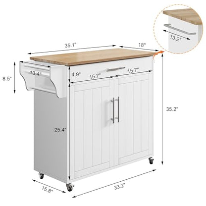 Kitchen Island with Storage, Wooden Rolling Kitchen Island On Wheels with Wood Top, Mobile Kitchen Bar Cart Cabinet with Towel Rack, Spice Rack and Drawers, White - color: White