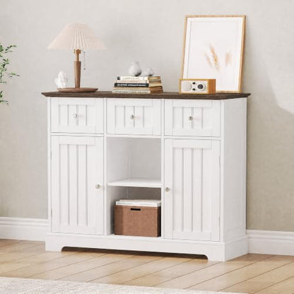 ChooChoo 35.4" Coffee Bar Cabinet with 3 Drawers and 2 Doors, White & Brown | Buffet Cabinet with Adjustable Shelves, Storage Cabinet for Compact Kitchens, Dining rooms and Living rooms - color: White & Brown