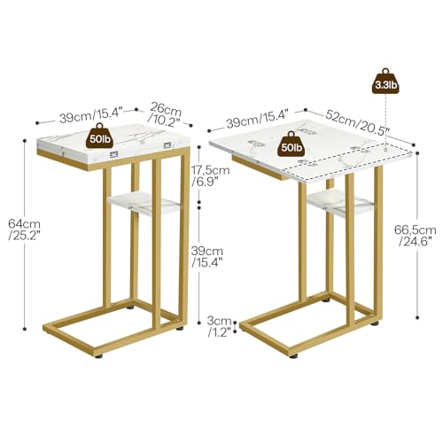 HOOBRO Foldable C Shaped End Table, C Shaped Side Table with Storage Shelf, Small Snack Table, Slide Under Couch Table for Sofa, Living Room Bedroom Small Spaces Easy Assembly, Gold DM29SF01 - color: Marble + Gold