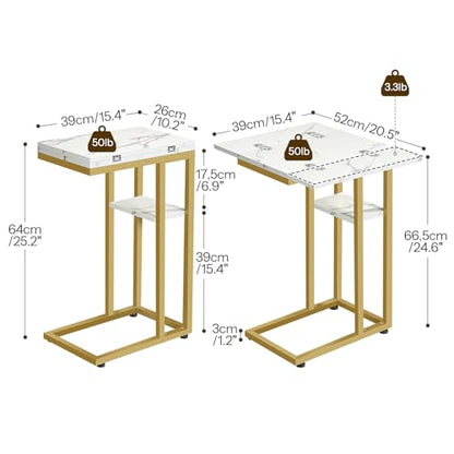 HOOBRO Foldable C Shaped End Table, C Shaped Side Table with Storage Shelf, Small Snack Table, Slide Under Couch Table for Sofa, Living Room Bedroom Small Spaces Easy Assembly, Gold DM29SF01 - color: Marble + Gold