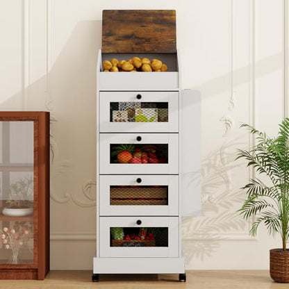 ARTETHYS Potato Storage Bin 5-Tier Rolling White Bread Box with Side Rack | Onion Keeper with Spice Rack on Wheels, Movable Fruit & Vegetable Container with 4 Ventilated Drawers for Kitchen - color: White