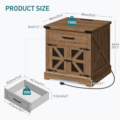 RALGEND Walnut Farmhouse End Table with Charging Station, 24" Large Sofa Side Table with Drawer, Large End Table for Living Room, Wooden Nightstand with Outlet, Square, Walnut - color: Walnut