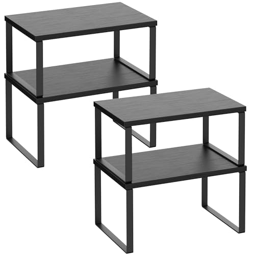 Kitchen Cabinet Organizer Shelf Set of 4, Sturdy Kitchen Counter Shelves with Metal Legs, Stackable Expandable Wood Spice Rack Pantry Cupboard Dish Mug Cup Storage Organizer Shelf, Black - color: Black