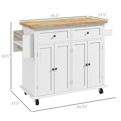 HOMCOM Kitchen Island Cart with Solid Wood Top, 44" Mobile Kitchen Island Table on Wheels with Storage Cabinets, 2 Drawers, Adjustable Shelves, Spice Rack & Towel Bar for Dining Room, Distressed White - color: Distressed White