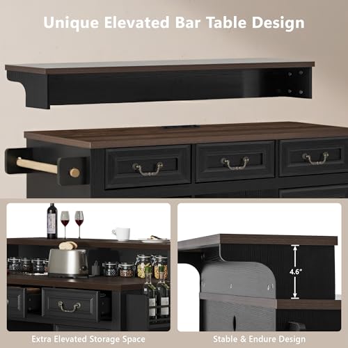 Merax 53.2" Two-Tier Kitchen Island with Storage, Farmhouse Kitchen Island with Power Outlet, 4 Door Shelves, Adjustable Shelves, 3 Drawers, Rolling Island Table, Bar Cabinet for Kitchen, Ash Black - color: Ash Black