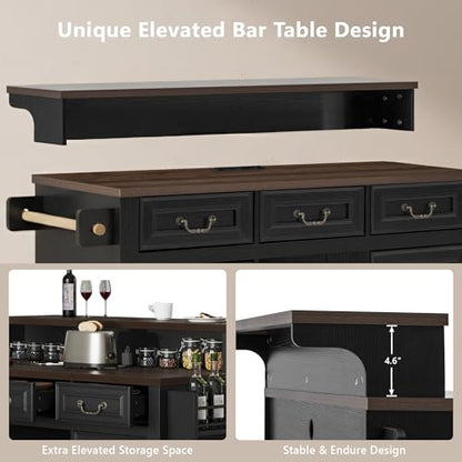 Merax 53.2" Two-Tier Kitchen Island with Storage, Farmhouse Kitchen Island with Power Outlet, 4 Door Shelves, Adjustable Shelves, 3 Drawers, Rolling Island Table, Bar Cabinet for Kitchen, Ash Black - color: Ash Black