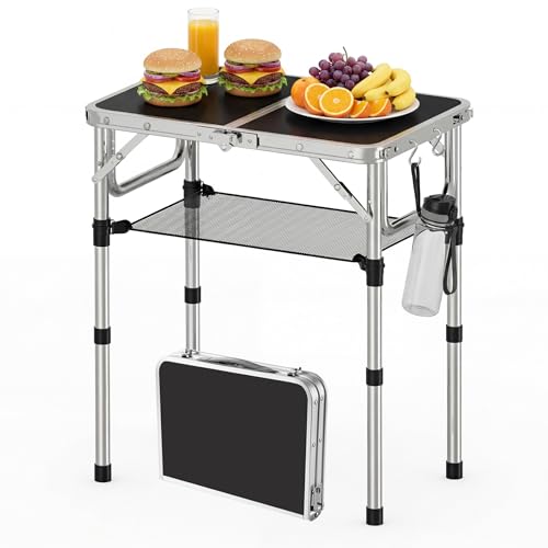 YihuiKo Folding Picnic Table with Storage Net, Black Folding Table 23.6" x 15.8", Adjustable Height Max 27.5", Lightweight Portable for Camping Travel Indoor - color: Black & Silver Frame, size: 24"L x 16"W x 27"H