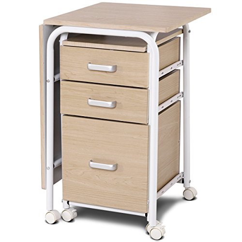 Tangkula Folding Computer Desk with 3 Drawers, Mobile Home Office Desk, Portable Laptop Desk Writing Table, Space Saving Compact Desk for Small Spaces, Dorm, Apartment - color: Beige