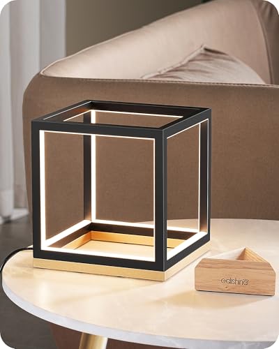 EDISHINE Modern LED Table Lamp, Minimalist Bedside Lamp for Living Room | Solid Wood Base, 3 Way Dimmable, 3000K/4500K/6000K, 470LM, Black Gold Square Geometric for Bedroom, Office