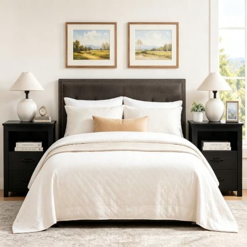 Farmhouse Night Stand Set of 2, Rustic Black Nightstand for Bedroom, End Tables with Charging Station, Bedside Table with Drawers, Wood Bedside Cabinet Dresser - color: Black, size: 2pcs with Charging