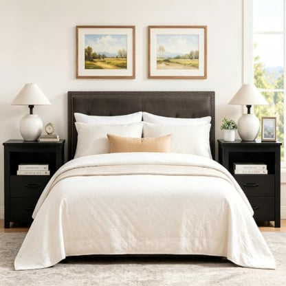 Farmhouse Night Stand Set of 2, Rustic Black Nightstand for Bedroom, End Tables with Charging Station, Bedside Table with Drawers, Wood Bedside Cabinet Dresser - color: Black, size: 2pcs with Charging