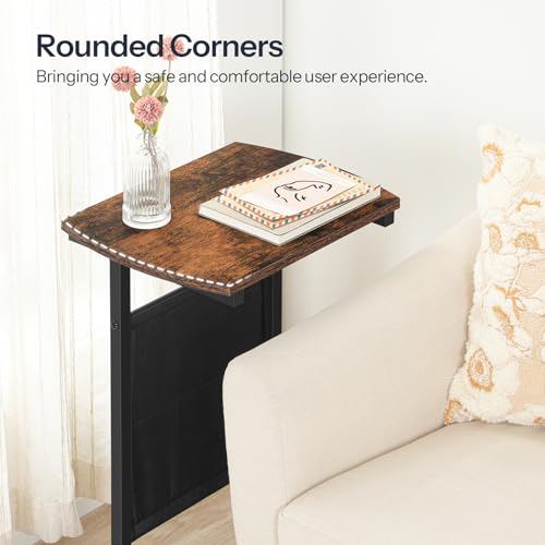 HOOBRO C Shaped End Table, 28.3" Side Table for Small Spaces, Couch Table, Slide Under Sofa Tray Table, Storage Bag, for Living Room, Bedroom, Rustic Brown and Black BF40SF01 - color: Rustic Brown + Black