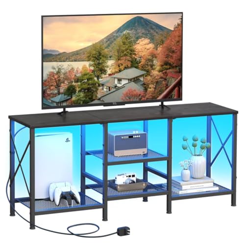 JARHETUN TV Stand with LED Lights for 55 Inch TV, Entertainment Center with 3-Tier Open Shelves, TV Console Table for Living Room, Bedroom, Black - color: Black With Led Light