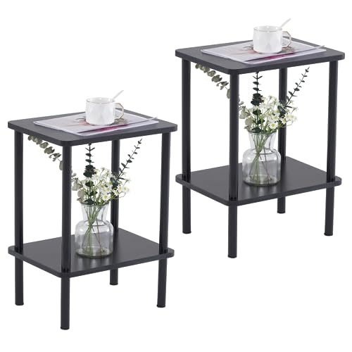 Apicizon End Table Set of 2, Side Table with Solid Wood Legs, Black | Boho Bedside Table with Storage Shelf, Small Nightstand for Small Spaces, Bedroom, Living Room, Entryway, Easy Assembly - color: Black, size: 2 Set, style: 2 Tier