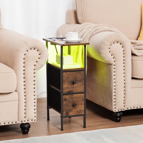 LOAKEKEL Narrow Nightstand with Charging Station, End Tables Living Room Set of 2, Skinny Side Table with Fabric Drawers, Small Sofa Table with LED Light for Bedroom, Brown, HETNDP02LBR - color: Rustic Brown + Black, style: Power + Light