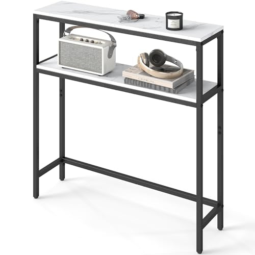 VASAGLE Console Table, 2-Tier Narrow Sofa Table with 2 Shelves, 7.9 x 31.5 x 31.5 Inches, for Living Room, Hallway, Entryway, Marble White and Ink Black ULNT130W59V1 - color: Marble White + Ink Black, size: 31.5"W - Without Power Outlet