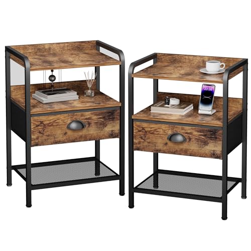 Nightstands Set of 2, Bedside Table with 1 Fabric Drawer, Open Mesh Shelf, End Table Side Table with Storage Drawer Dresser, Wear-Resistant Metal Frame, Bedroom, Rustic Brown - color: Brown(1drawer), size: Set of 2