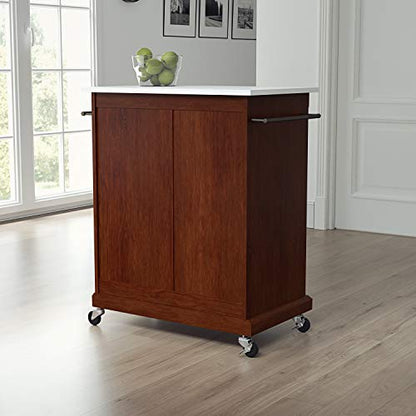 Crosley Furniture Compact Stone Top Small Rolling Cart with Shelves, Microwave Stand with Towel Rack, Mahogany - color: Mahogany, style: White Granite Top