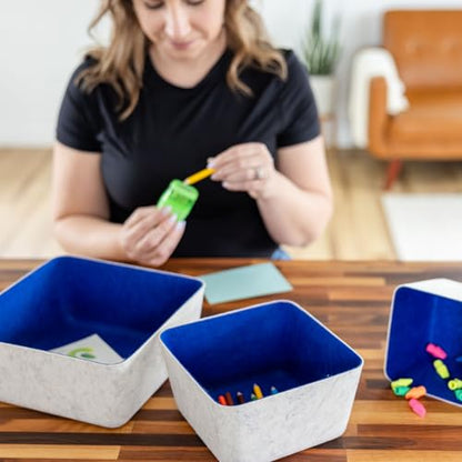 Three by Three Seattle Tapered Felt Storage Bins 2-Pack 9x9 Cream/Navy | Recycled felt tapered bins; soft non-scratch; 5"x5" fits most drawers; organize desk, office, bathroom, bedroom & entryway - color: Cream/Navy