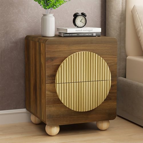 23" Fluted Nightstand with Solid Wood Legs, Modern Style Walnut Bedside Table with Round Moon Handle & Storage, Mid Century Cute Night Stand for Bedroom, Side Table, End Table - color: Yp-walnut, size: 1 PCS