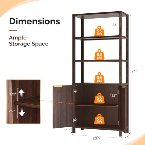 VINGLI Bookcase with Fluted Doors, 71" Wood Storage Cabinet with Adjustable Shelves, 6-Tier Display Cabinet Bookshelf for Study, Living Room, Home Office, Kitchen Pantry, Walnut - color: Dark Walnut