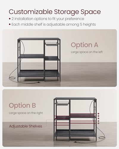 VASAGLE Baker's Rack, Coffee Bar Stand with Charging Station, 35.6 Inches Tall, Storage Shelves, Pull-Out Wire Basket, Table for Microwave, Kitchen, Charcoal Gray and Ink Black UKKS036B22 - color: Charcoal Gray + Ink Black, style: With Power Outlet